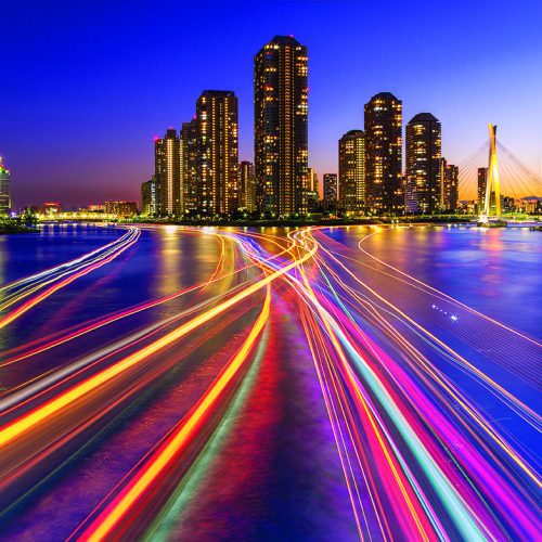 Wasser Stadt Nacht Abends Hochhäuser Brücke Gebäude Lichter