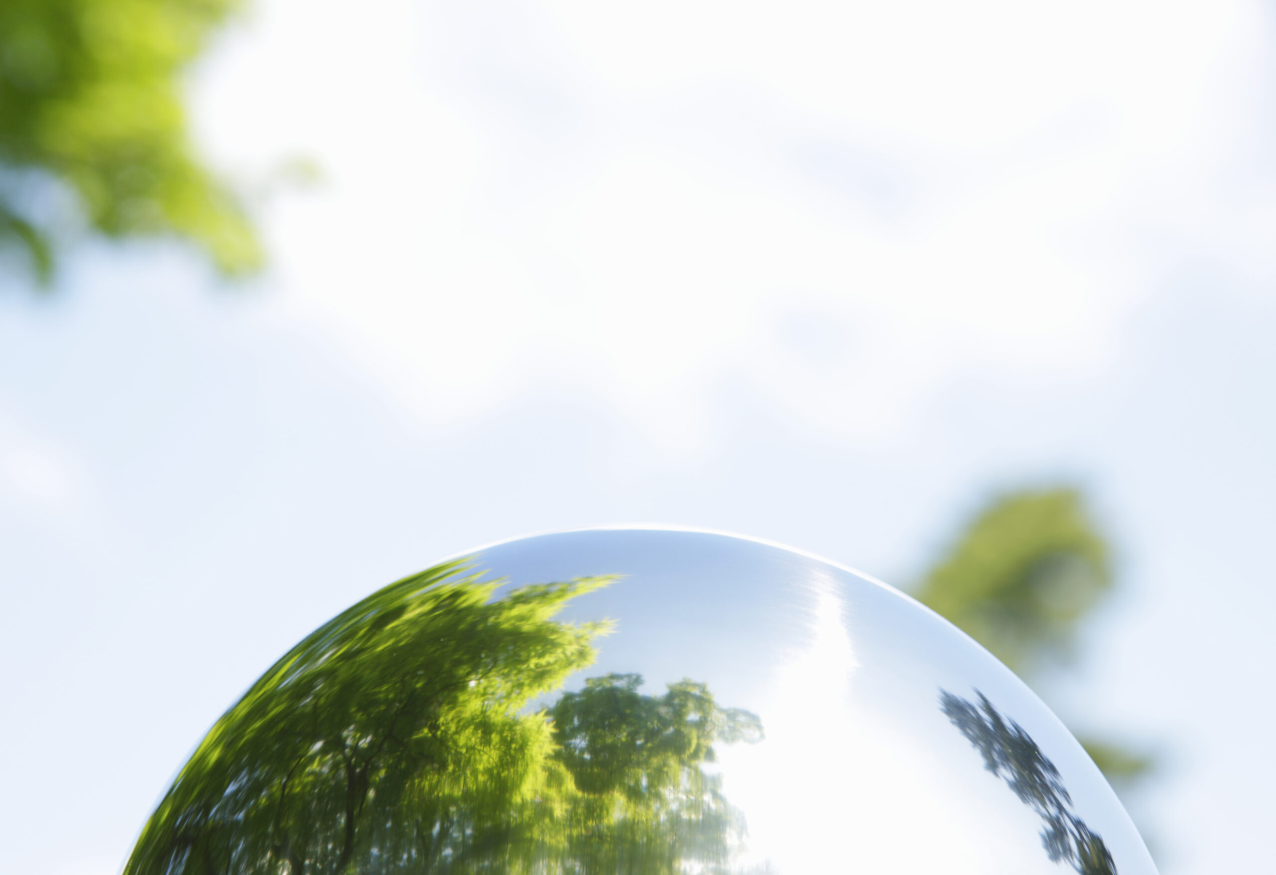 A digital art of half a silver globe with relections of tree on its surace.