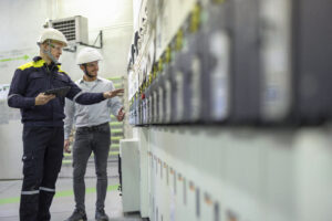 Two experts in an electrical room, wearing hard hats and other PPE, discussing condition-based maintenance strategies for electrical equipment.