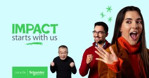 A group of people smiling and gesturing enthusiastically against a light blue background. The central message, 'IMPACT starts with us' in bold green letters, is prominently displayed above the Schneider Electric logo with the tagline 'Life Is On.' The overall mood is uplifting and conveys a sense of community and positive change.