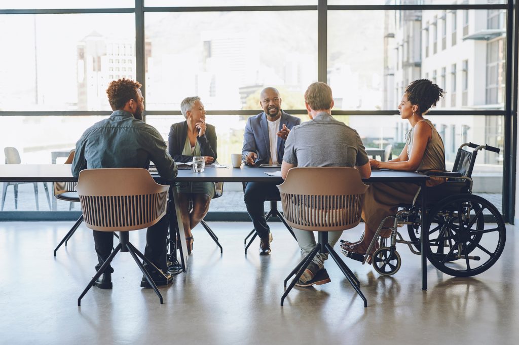 Diversity and business meeting with staff, people or team communication, planning on corporate strategy and Building a Shared Sustainability Legacy