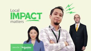 3 Schneider employees, 2 men and 1 woman feeling empowered. beige background and quote "Local impact matters" on top left.