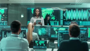 woman in front of a group of people seated at computers.