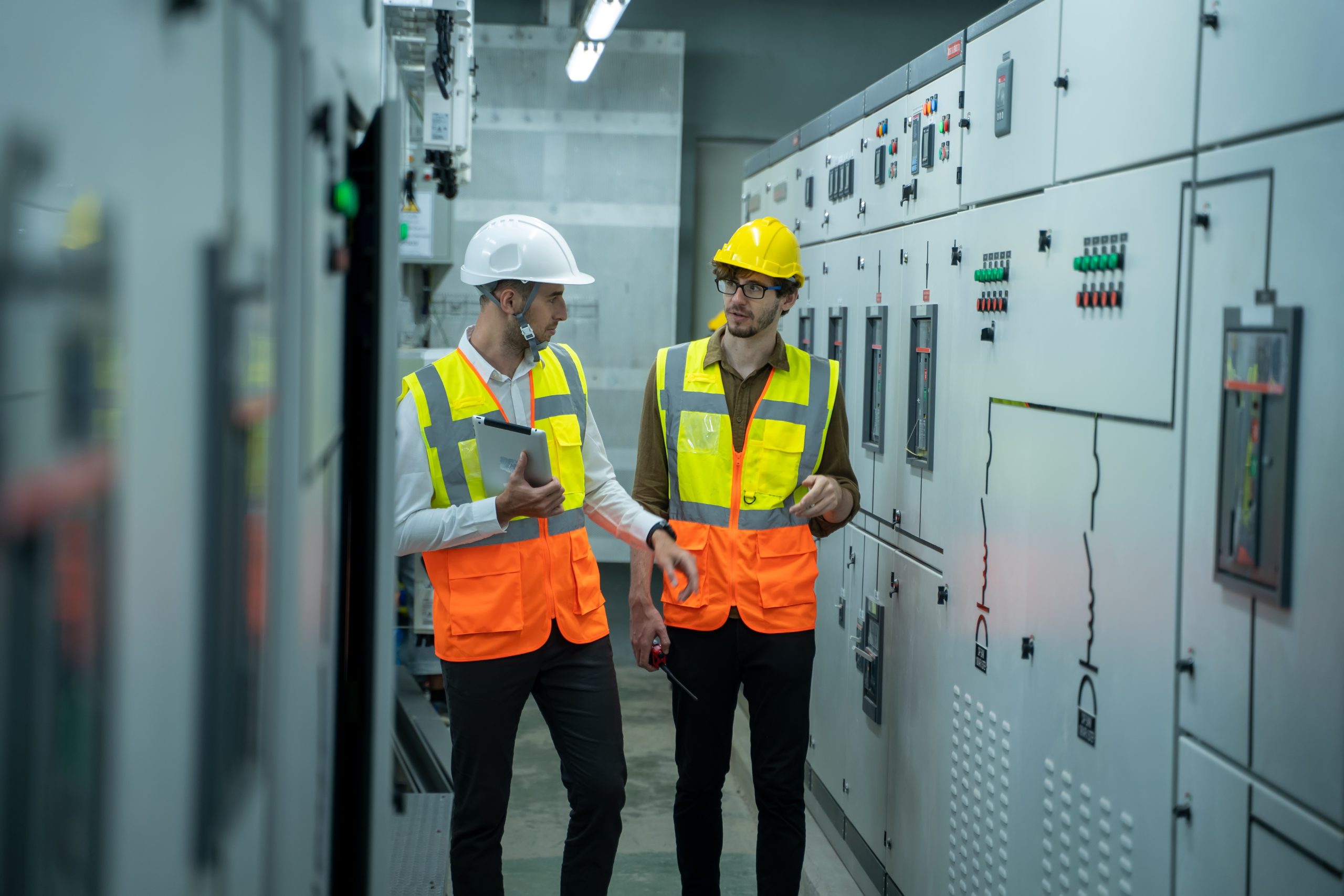 Engineer and technician monitoring electrical distribution equipment running a safety instrumented system.