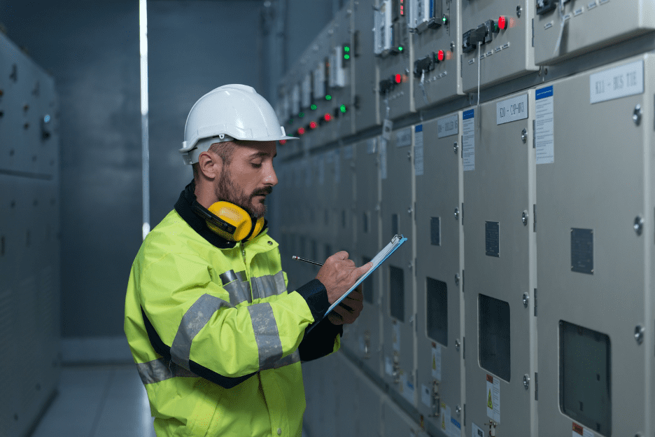 Man in a hard hat and safety gear inspects medium-voltage switchgear. 