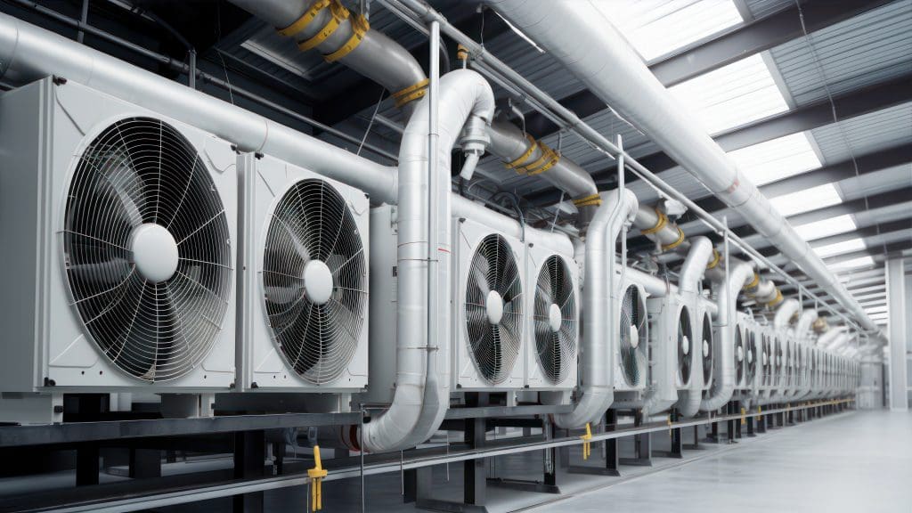 A series of ventilation fans in a commercial building