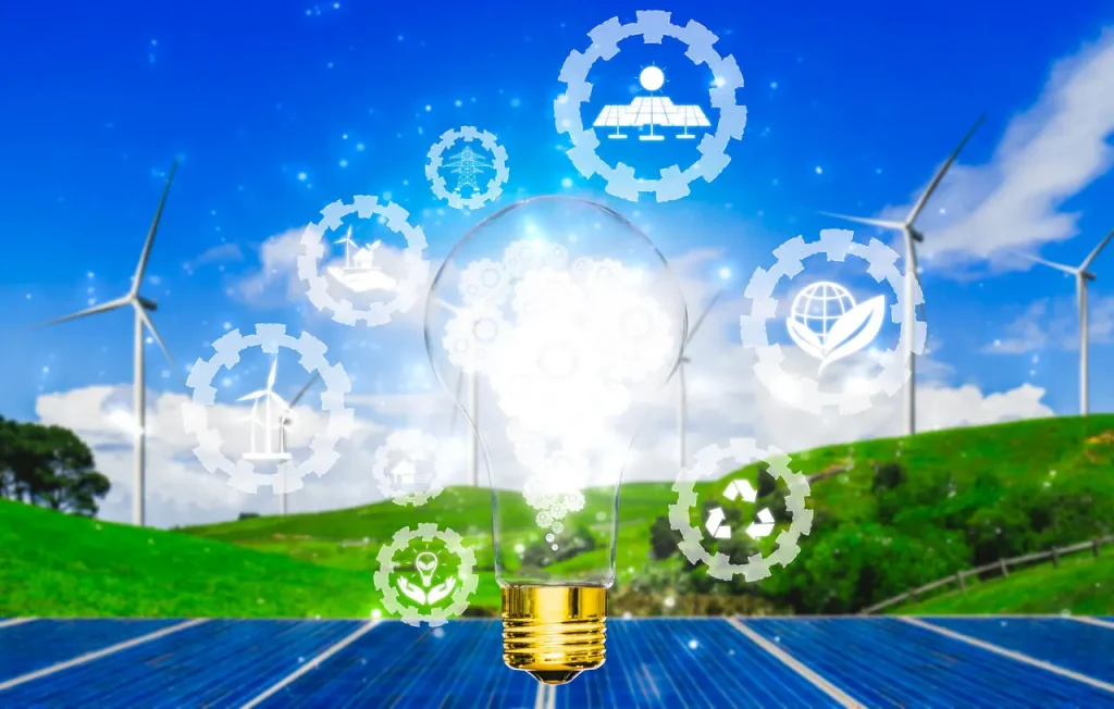 Sustainable energy concept illustrating themes from the Draghi report: a glowing lightbulb surrounded by icons representing renewable energy sources, innovation, and green technology, with wind turbines and solar panels in the background.