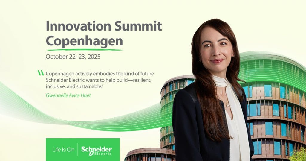 A promotional image for the Schneider Electric Innovation Summit Copenhagen, featuring Gwenaelle Avice Huet. She is wearing a dark blazer over a white top and a light-colored scarf. To her left is text that reads "Innovation Summit Copenhagen October 22–23, 2025" and a quote: "Copenhagen actively embodies the kind of future Schneider Electric wants to help build—resilient, inclusive, and sustainable." Below the quote is the name "Gwenaelle Avice Huet". In the background, there are modern buildings with a green, swirling graphic element. The bottom left corner shows the Schneider Electric logo with the "Life Is On" tagline.