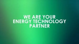 Green gradient background with the text “We are your energy technology partner” in bold white capital letters