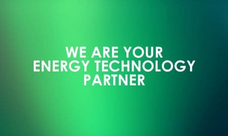Green gradient background with the text “We are your energy technology partner” in bold white capital letters